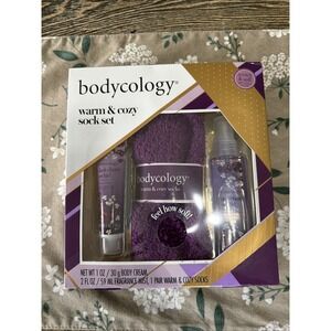 Bodycology Warm Cozy Sock Set w/ Dark Cherry Orchid Fragrance Mist & Body Cream
